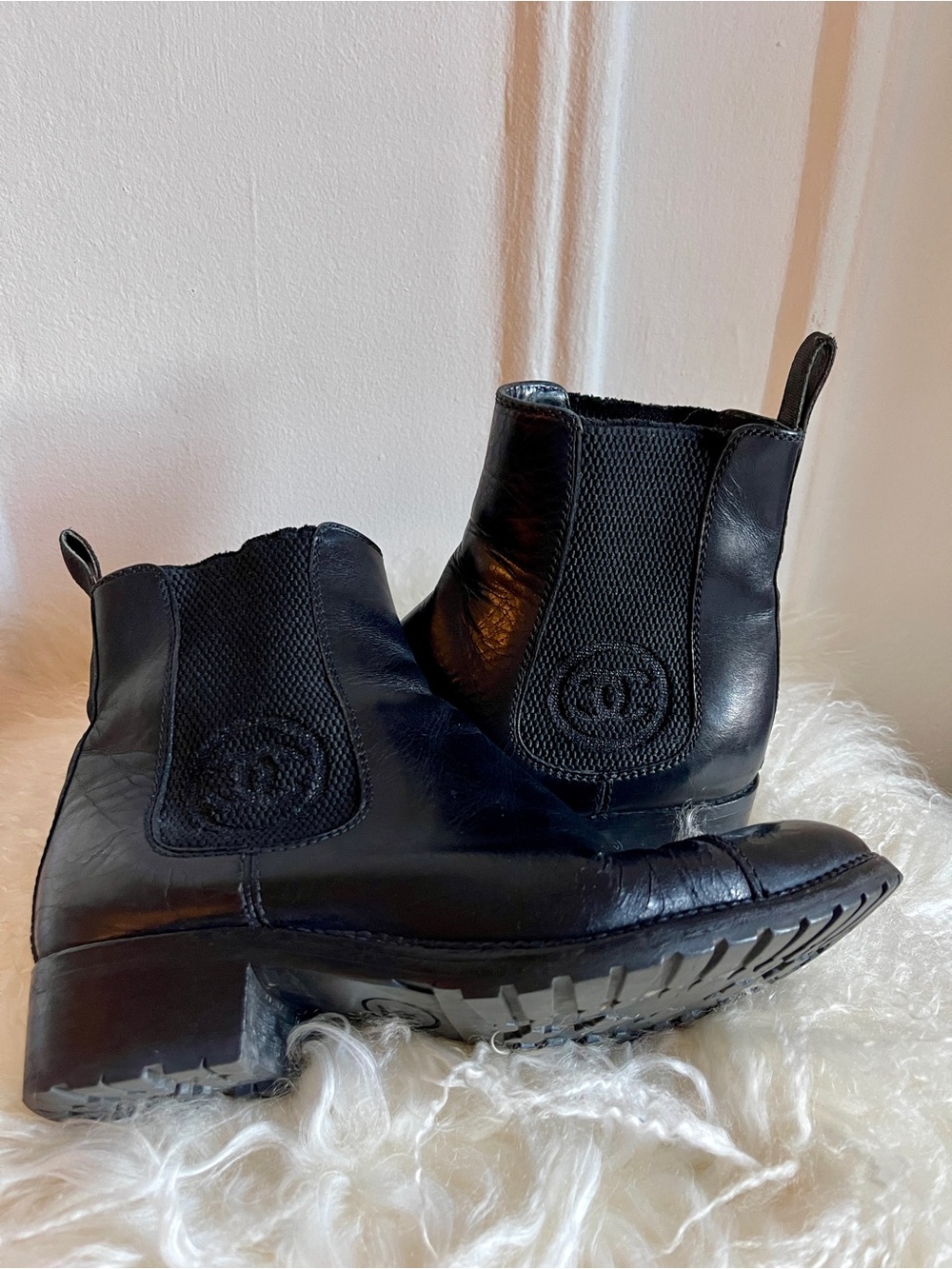 CHANEL Vintage Black Leather Chelsea Boots with Side CC Logo